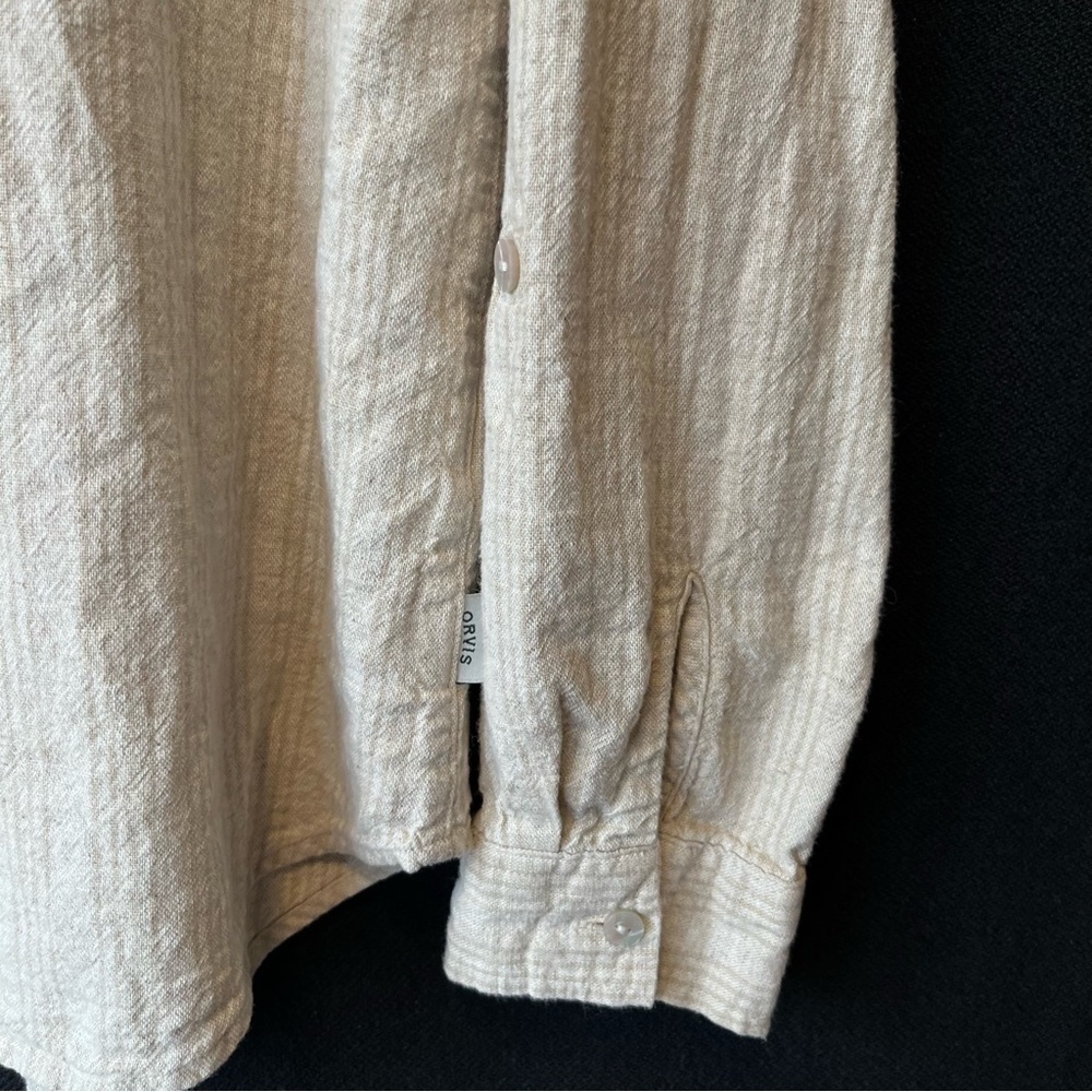 Orvis button up blouse L Linen blend Beige striped Long sleeve shirt Womens top - Picture 6 of 7